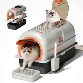 EchoSmile Stainless Steel Cat Litter Box with Lid, Large Enclosed Litter Box Top Entry for Cats & Kitty, Non Stick Metal Litter Box with Scoop & Foot Pedal, Odor Free, Anti-Leakage, Grey