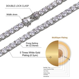 JINAO 1 Row 4mm Tennis Chain for Men Women Iced Out Silver Cubic Zirconia Diamond Hiphop Tennis Necklace 24"