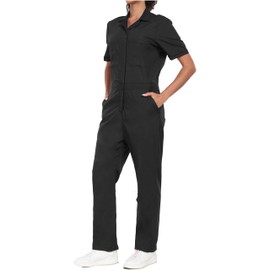 Ubon Women's Short Sleeve Coverall, Lightweight Work Jumpsuit with Multi Pockets, Black, X-Large