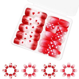 2 Packs 48Pcs Press on Nails Short Square Fake Nails Valentine's Day Acrylic Nails Red Glitter Ombre Glue on Nails Kid Heart Love False Nails Stick on Nails for Women Girls Nails Decoration
