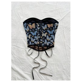 MakeMeChic Women's Floral Strapless Corset Top Vintage Lace Up Bustier Going Out Top Black Small