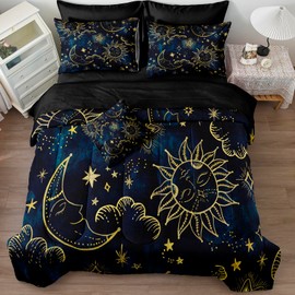Merryword 8 Pieces Universe Bed in a Bag Sun and Moon Comforter Set Full Size Galaxy Bedding Blue Gold Moon Star Pattern Bohemian Gothic Comforter Set for Boys Girls Women
