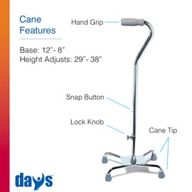 Days Quad Cane with Wide Base, Limited Mobility Aid for Elderly and Handicapped, Walking Stick with 4 Feet for Motor Control and Stability, Walk Assist with Slip Resistant Rubber Tips for Traction