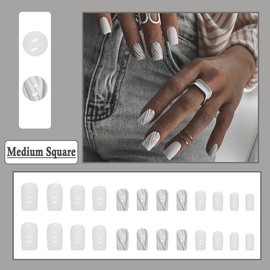 BAOYAALIN Square Press on Nails Medium White Fake Nails with Fashion Stripes Design Artificial Acrylic False Press ons Full Cover Stick on Nail for Women Girls Daily Wear Wedding Manicure 24Pcs
