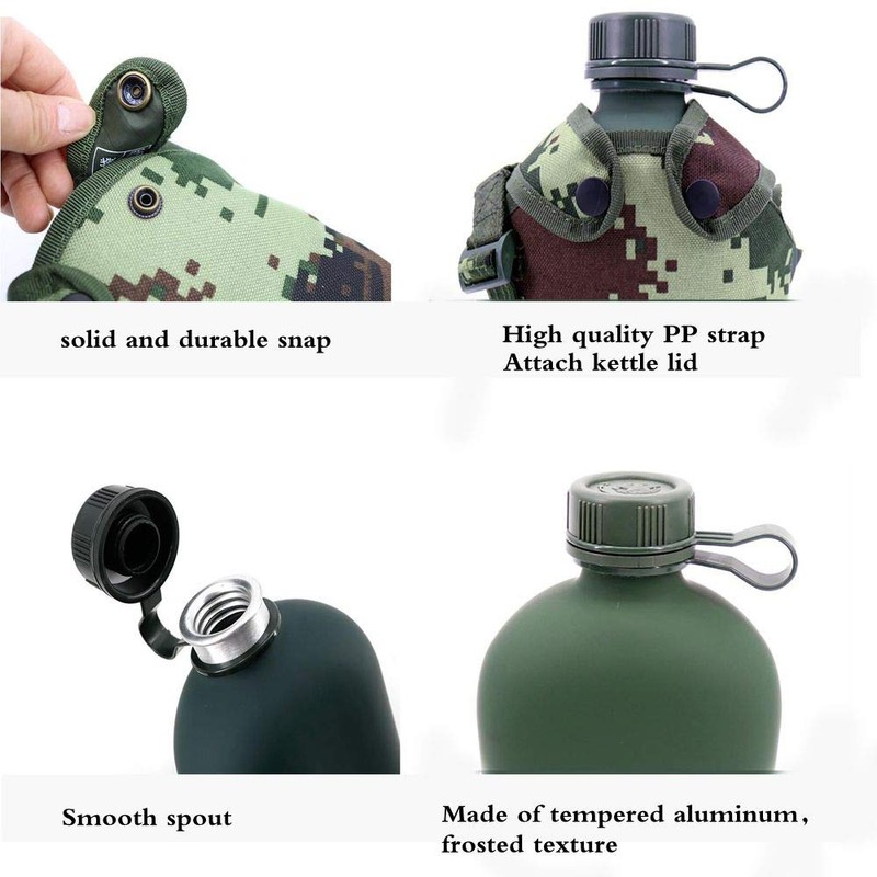 Jadedragon Military Canteen Water Bottle, Aluminium Water Canteen Reinforced Nylon