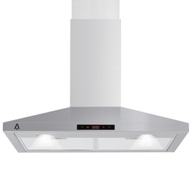 GarveeTech 30 Inch Curved Glass Range Hood With Ducted/Ductless Convertible,265 Cfm Wall Mducted/Ductless Range Hood Steel With Touch Control 3 Speed Exhaust Fan, Adjustable Chimney & Led Light