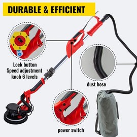 VEVOR Drywall Sander 850W, Variable Speed 800-1750 RPM, Foldable Sheetrock Sander with Telescope Handle, LED Strip Light, Vacuum Bag & Gloves Heavy Duty Power Tools:_800W without Handle