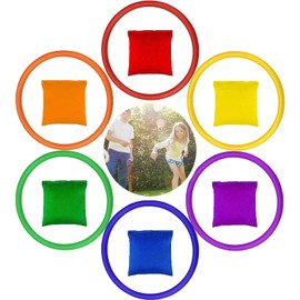 Toss Game Sets, 6Pcs Nylon Bean Bags & 6Pcs Plastic Toss Rings, Multicolor Fun Throwing Carnival Favor Game Party Supplies Family Sports for Kids Teens Adults Indoor Outdoor Yard