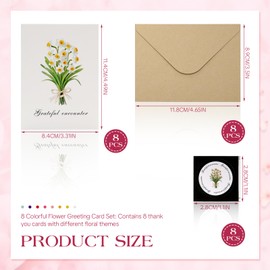 Weniubit 8 Sets of Floral Thank You Cards Bulk, 8 Thank You Cards with 8 Envelopes and 8 Stickers 8 Flower Themed, Floral Greeting Card Set for Teachers, Wedding, Graduation, Family, Birthday, DIY