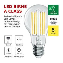EMOS LED Edison A60 Bulb, 7.2 W Replacement for 100 W Bulb, A Class Vintage Bulb E27 Socket, Brightness 1521 lm, Neutral White 4000 K, Extra Long Life 50,000 h, CRI Min. 80, 360° Beam Angle