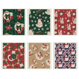 Reusable Kitchen Dish Towels 6 Pack Swedish Dishcloths Natural Cotton Washable Household Dining Room Cleaning Sponges Super Absorbent Dish Rags (Christmas Cat)