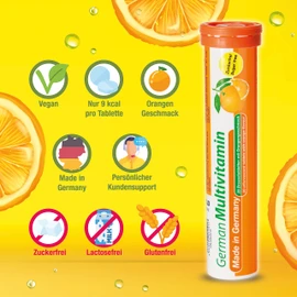 German Multivitamin Effervescent Tablets Pack of 60 Orange Flavour - Vitamin C, E, B1, B2, B6, B12, Biotin, Folic Acid, Niacin, Pantothenic Acid - T&D Pharma German Multivitamin - Made in Germany