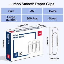 Deli Jumbo Paper Clips Smooth, 300 Large Paper Clips, 3 Boxes of 100 Each, Silver