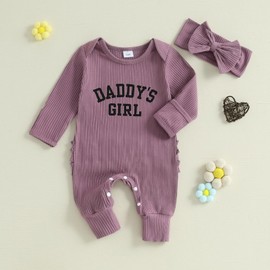 Geagodelia Newborn Baby Girl Father's Day Romper with Mittens and Ruffles Long Sleeve My First Father's Day Baby Outfit Cotton Summer Clothing, Daddys Girl Purple