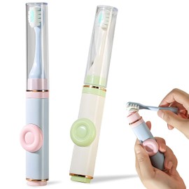 Kit de 2 cepillos de dientes plegables de viaje, manual, plegable, portátil con contenedor de pasta de dientes integrado, cerdas suaves para el cuidado bucal, ideal para viajes, camping, uso