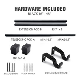 16-48" Curtain Rods with Unique Square Design Ends, 1 inch Heavy Duty Adjustable Curtain Rods for Windows, Black