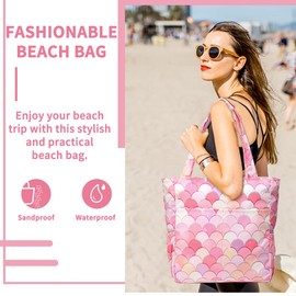 Beach Bags for Women, Kasqo Water Resistant Large Pool Bag Stylish Women Tote Ladies Zipper Shoulder Bag for Gym Travel Shopping School, Pink Squama
