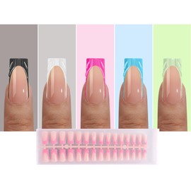 Jsiallye Long Square Press on Nails, 3D Fake Nails, Brighter French Tip Glue on Nails, Pre-lasting French Soft Gel Nail Tips, No Need to File Acrylic Extension for Nail Art DIY 15 Sizes