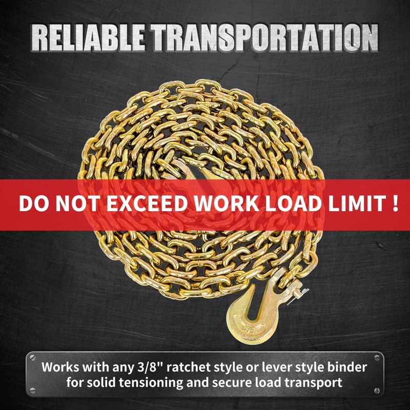 G80 Load Binder Chain,3/8"x10ft Tow Chain with G70 Hooks,5400lbs Safe