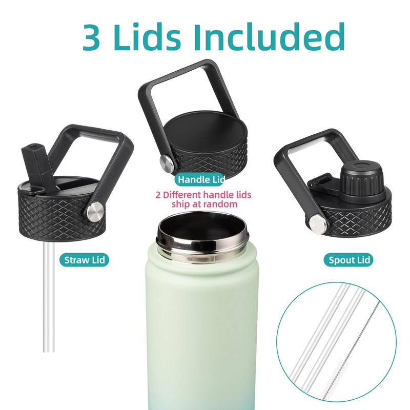 Konokyo 22oz Stainless Steel Bottles with 3 Lids Sport Insulated