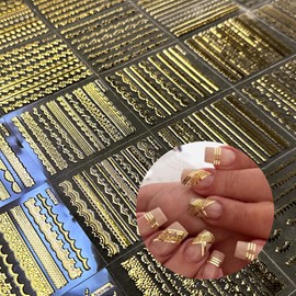 IDDFEVE 30 Sheets Gold Lace Nail Art Stickers - Baroque Line Nail Decals Self-Adhesive 3D Nail Decals for DIY Golden Manicure