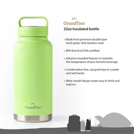 GRANDTIES 2 Lids Sports Stainless Steel Water Bottles – Wide Mouth Vacuum Insulated Reusable Leak Proof BPA-Free Travel Metal Canteen, Thermos Bottles for Men Women Gym (Fresh Mint 32 oz)