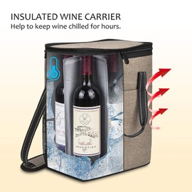 6 Bottle Wine Gift carrier, Insulated Leakproof Padded Wine Cooler Carrying Tote Bag for Travel, Camping and Picnic, Perfect Wine Lover Gift, Beige