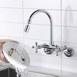 (Upgraded) Wall Mount Kitchen Sink Faucet, 6 Inch Center Sink Faucet, in Wall Faucet Kitchen Sink, Kitchen Wall Faucets, Wall Faucet Sink, Two Cross Handles Kitchen Faucet, Chrome, RULIA RB1026