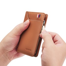 VANNANBA - portafolios para hombre con cierre de piel auténtica para tarjetas de crédito con bolsillo para monedas, Café, Casual
