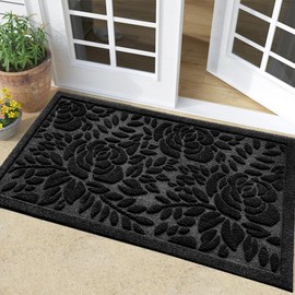 Bulijojo Front Door Mat Entrance,Durable Heavy Duty Welcome Mat,Thick Absorbent Natural Rubber Non Slip Mat,Sturdy Entryway Black Flower, 17x30