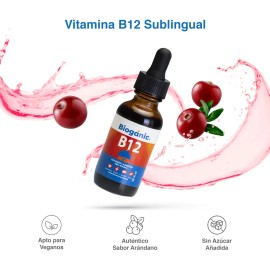 Paquete de 2 Botellas Vitamina B12 Lquida Sublingual Bioganic Vegana, Sin Azucar, Sin Gluten, Sabor Arndano, 240 Tomas en Total  120 Tomas por...     