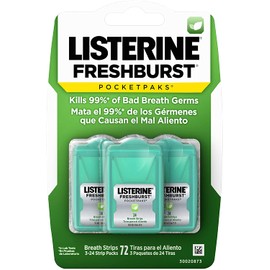 Listerine Freshburst Pocketpaks Breath Strips, Dissolving Breath Freshener Strips Kill 99% of Germs that Cause Bad Breath, Portable for On-the-Go, Minty Flavor, 3 packs of 24-strips Each