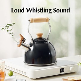 ROCKURWOK Tea Kettle, Tea Pot with Cool Touch Ergonomic Handle, Tea Kettle Food Grade Stainless Steel, Tea Kettle Stovetop, Kettle Teapot, Whistling Tea Kettle, Small Tea Kettle, 1.6 Quart (Black)