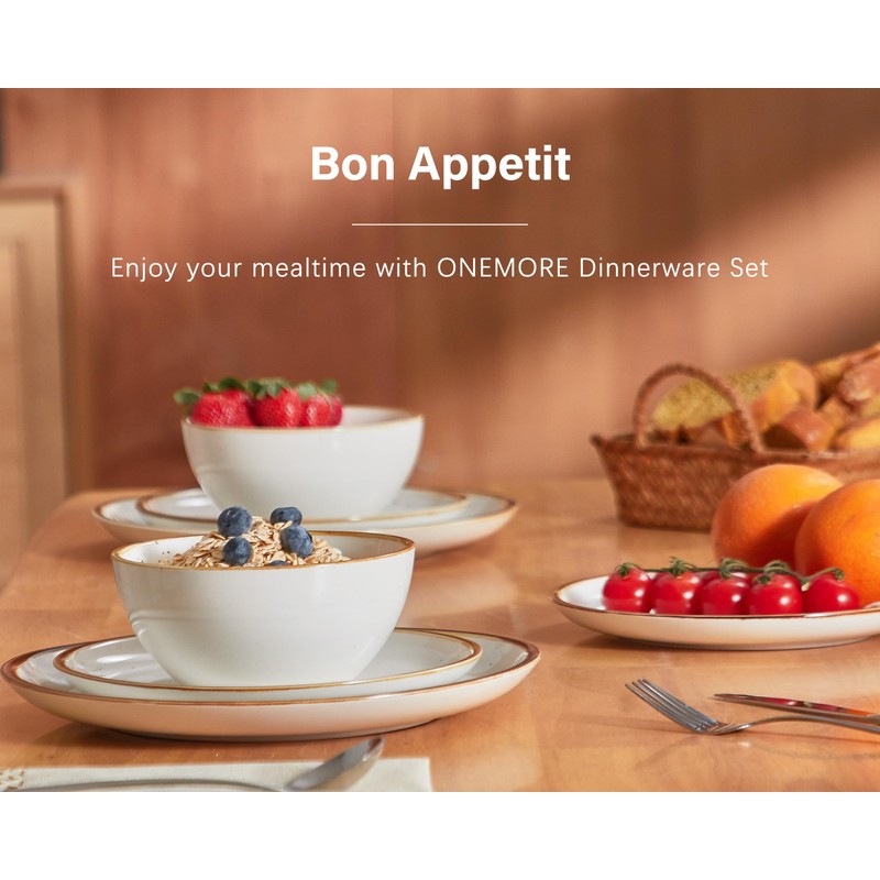 ONEMORE Plates and Bowls Set, Dinnerware Sets for 4, Porcelain