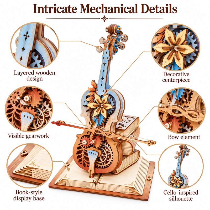 Wooden Cello 3D Puzzle Music Box for DIY Building –