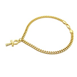 CBC Crown Egyptian King Queen Nefertiti Egyptian Eagle Goddess Pan Africa Adinkra Ankh 4mm 10" Cuban Chain Anklet Gold or Silver Tone (Gold - Ankh)