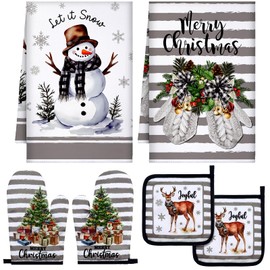 Bencailor 6 Pcs Christmas Theme Kitchen Towel Set Dish Hand Towels Pot Holders and Oven Mitts Set for Christmas Kitchen Cooking Baking Grilling(Snowman)