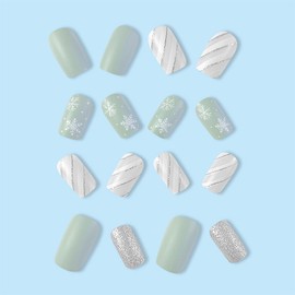 24Pcs Christmas Press on Nails Short Square Fake Nails Press ons Silver White Snowflakes Nail Tips Full Cover False Nails with Glitter light green Pattern Design Acrylic Nail Art for Xmas Decorations