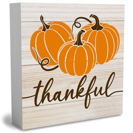 Rustic Thanksgiving Wooden Box Sign Pumpkin Fall Cute Sign Thankful Farmhouse Decorative Wood Box Sign Block Plaque for Wall Desk Home Bathroom Decoration 5 x 5 Inches