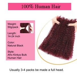 Afro Kinkys Bulk Human Hair -100% Real Human Hair for Mini Twist, Braiding, Loc Extensions & Crochet, 14 Inch 50g 4c Kinky Curly Hair Bundles, 99J Afro Bulk for Dreadlocks