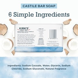 Kirk's Jabón de barra de castilla de Kirk's | Jabón limpio para hombres, mujeres y niños | Aceite de coco premium | Fórmula para piel sensible, vegano