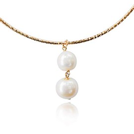 10K Yellow Gold Omega Choker Necklace Handmade with Stunning Dual White Freshwater Pearl Pendant, Simple and Beautiful Drop Necklace