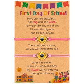 Adjustable Knots First Day of School Bracelet, 2 PCS Mother Daughter Bracelets No Burrs, Nylon Non-Fading Back to School Bracelet, Smooth Sunflower Bracelet Stainless Steel Kids Kindergarten Birthday
