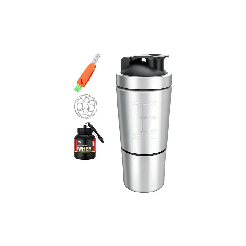 Shaker de Proteína HomeChi 700ml Acero Inoxidable Negro con Compartimento