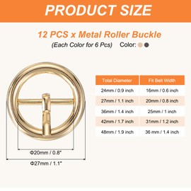 PATIKIL Single Prong Belt Buckle 1.2", 12 Pcs Metal Roller Buckle Round Center Bar Buckles for Belt Purse Making Leather Hardware, Light Gold/Black