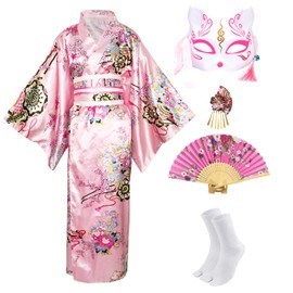 CRFASIBE Japanese Traditional Kimono Costume for Women Floral Printed Kimono Bathrobe Yukata Japanese Dress Cosplay Costume Set Party Dress Stage Photography, pink