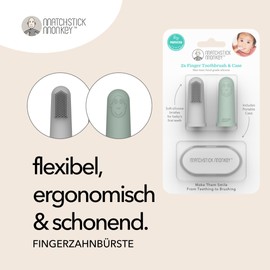 Matchstick Monkey Finger Toothbrush for Babies from 3 Months, Set of 2 with Storage Box, Silicone, BPA-Free, BioCote® Antibacterial, Dental Care on the Go (Grey & Mint Green)