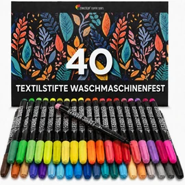 40 Textile Pens Machine Washable - Textile Paint Machine Washable - Non-Toxic, Washable and Permanent Fabric Markers Ideal for T-Shirts, Fabric Bags and Other Textiles - For Children and Adults