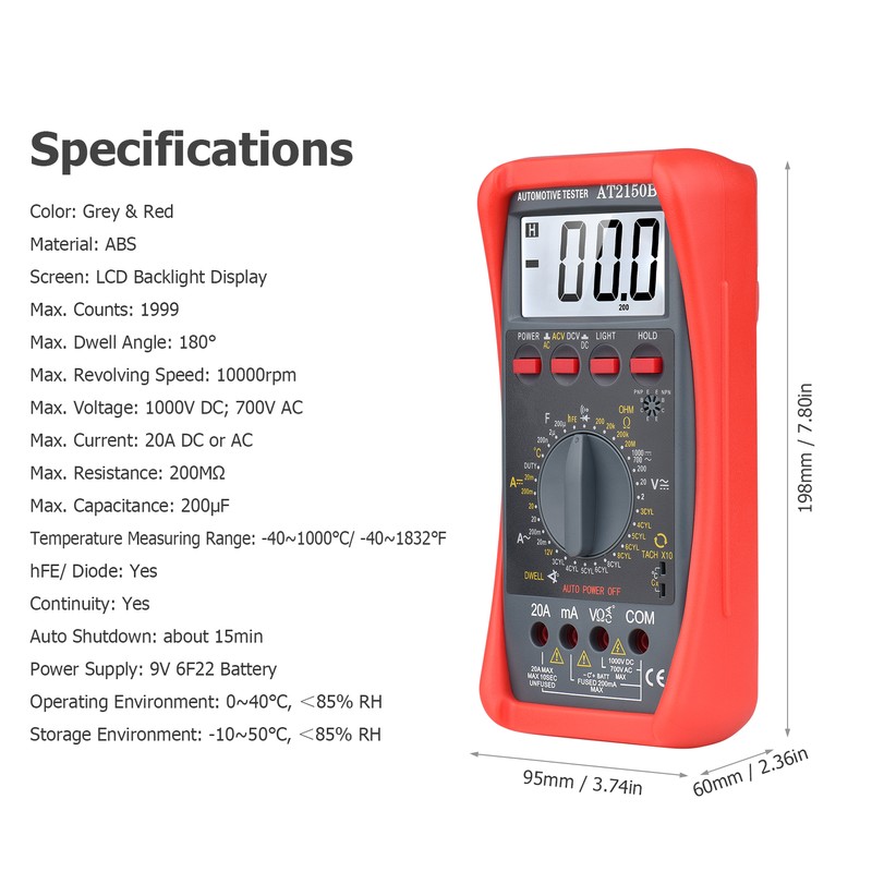 Multimeter Tester Portable High Accuracy Maximum 1999 Counts Automotive Multimeter