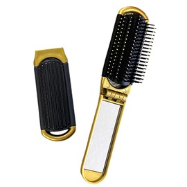 2 GOLD ALAZCO Folding Hair Brush With Mirror Compact Pocket Size Travel Car Gym Bag Purse Locker